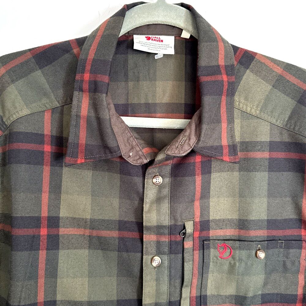 Fjallraven Fjallglim Plaid Flannel Long Sleeve Shirt Mens XL Map Pocket Fall EUC